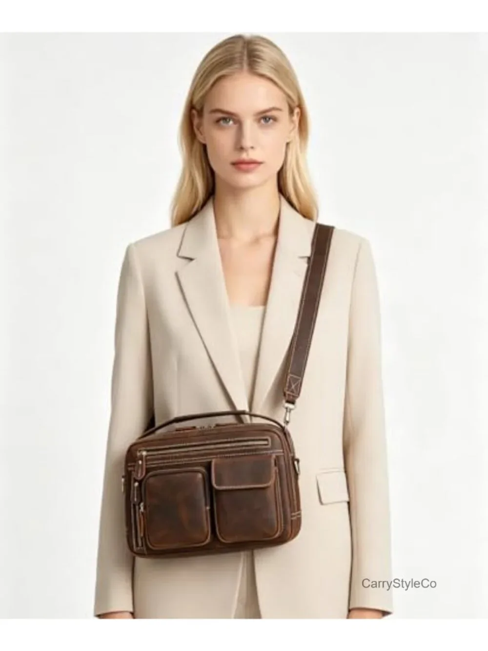 Full Grain Leather Messenger Bag for Men, Crossbody Travel Work Business